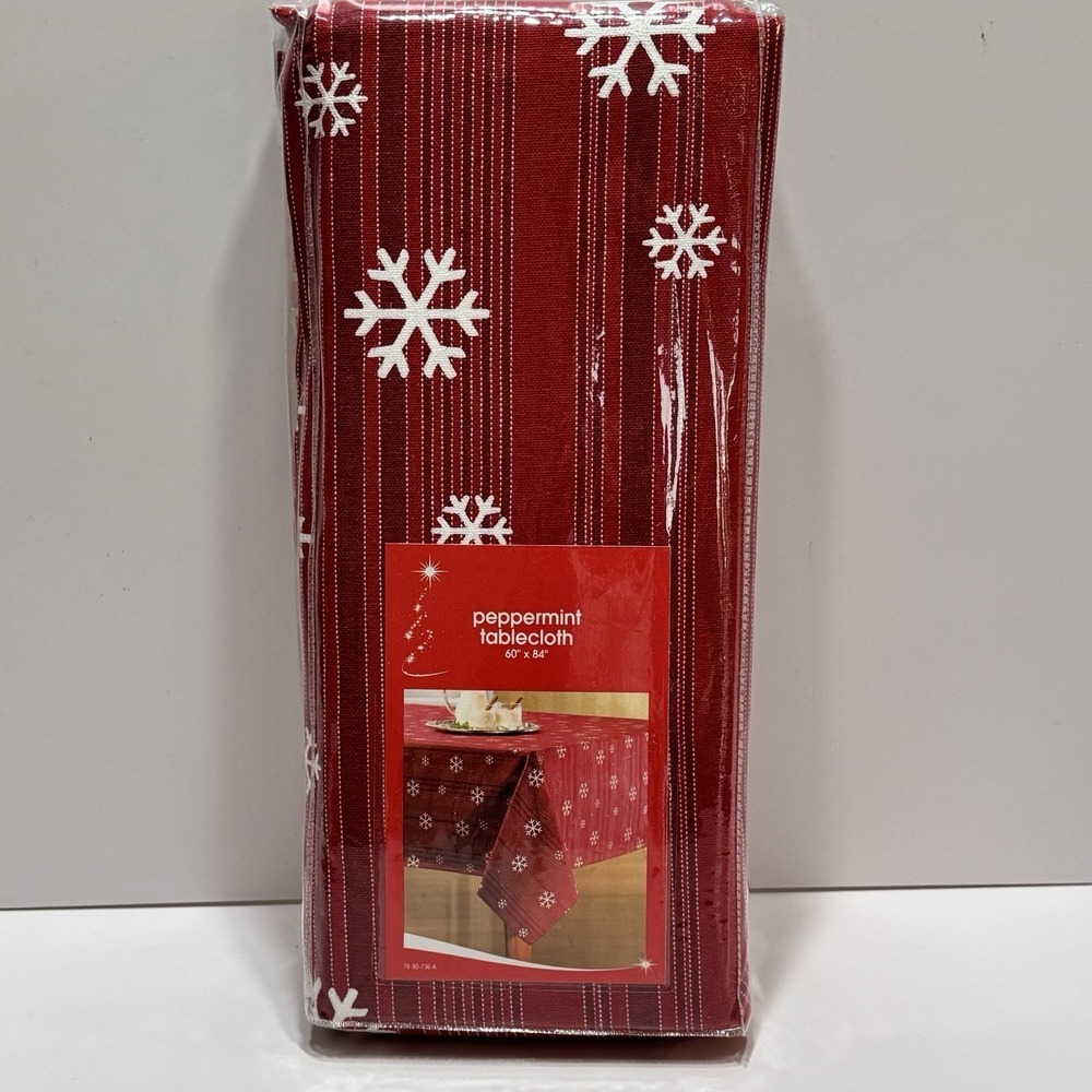 JC Penny Home Christmas Red Pink Stripe Snowflake Tablecloth Peppermint 60 X 84"